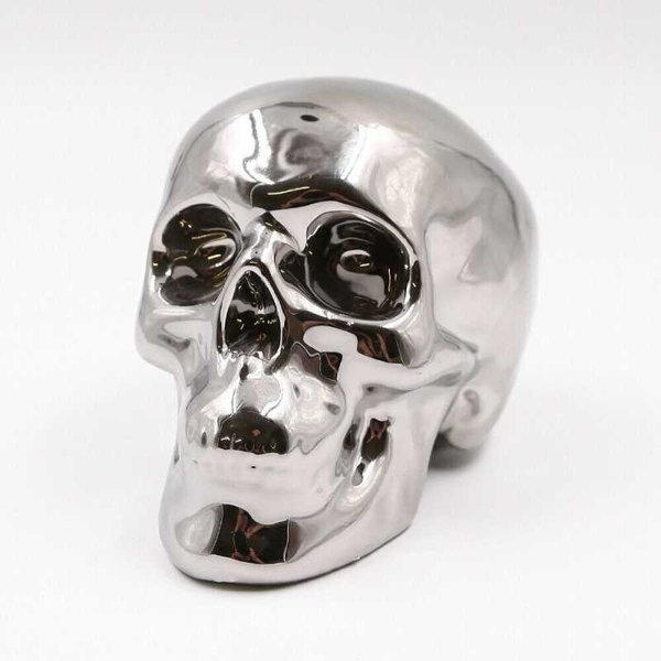 Totenkopf Spardose Skull Schädel 11x17x11cm Chrom Silber Keramik